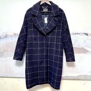 EXPRESS Coat NWT Women XS Wool Blend Navy Blue Windowpane Plaid Blanket Oversize